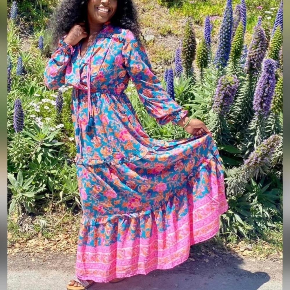 Boemo Tiered Floral Maxi Dress Long Sleeve Ruffle Boho Romantic Garden Party S